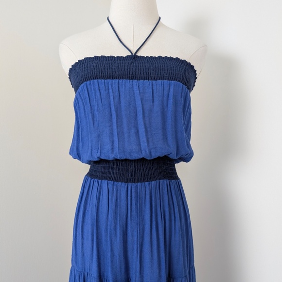 T-Bags Los Angeles Navy Maxi Dress Strapless Halter Long Floor Length Tiered - Picture 7 of 12